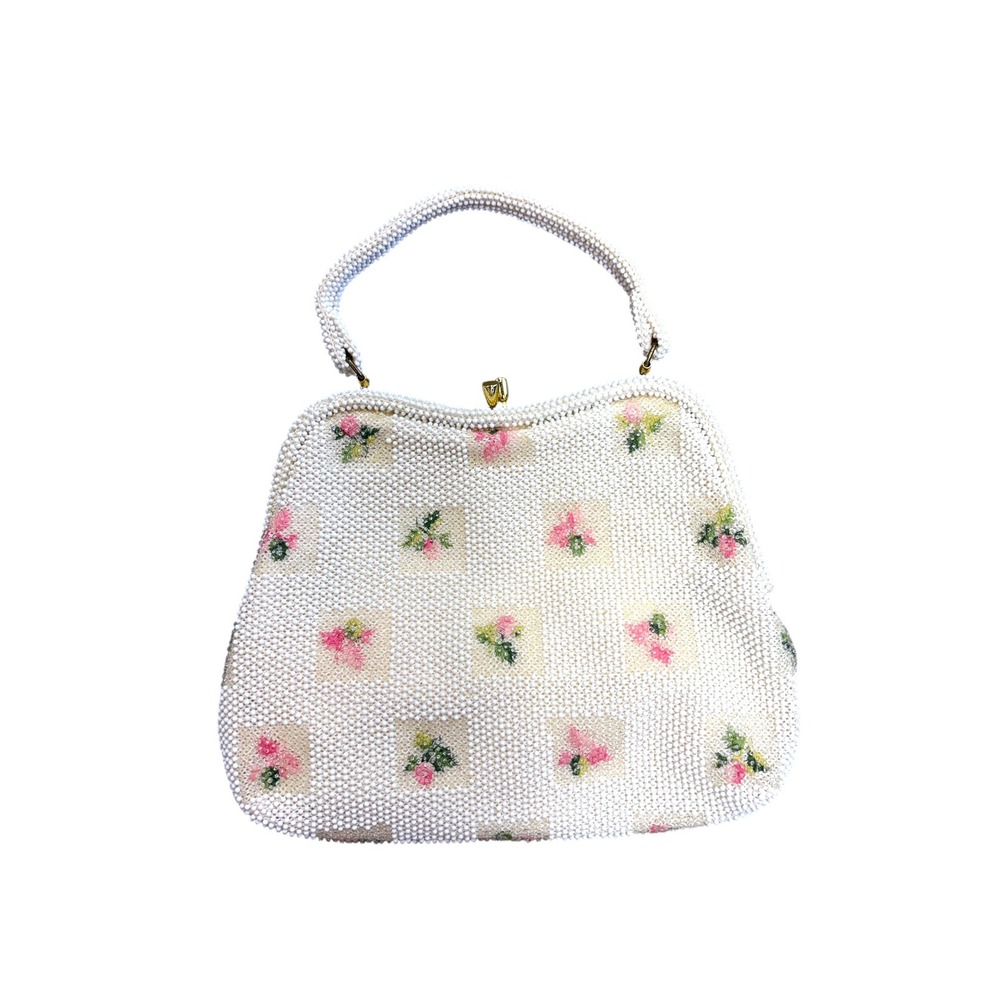 Vintage Lumured Petite Bead White Floral Handbag Kiss Lock Top Handle Bag